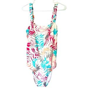 Eddie Bauer Swimsuit Teal Pink Grey Floral Open Back Peekhole Women’s Sz XL